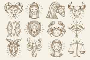Vector gratuito colección de signos del zodíaco dibujados a mano de grabado