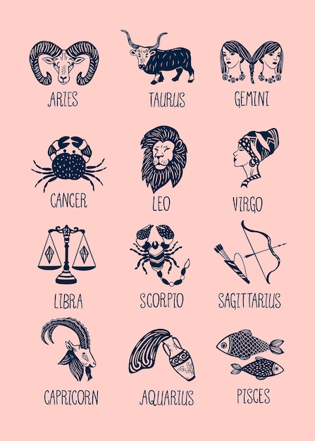 Colección de signos del zodíaco dibujados a mano