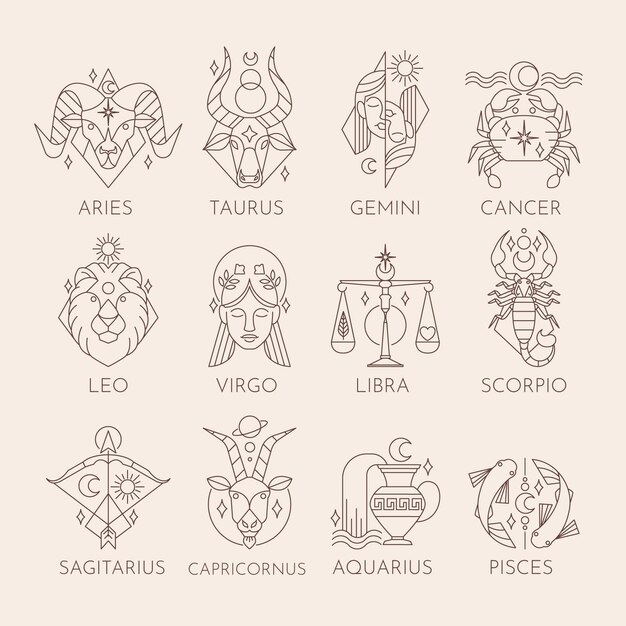 Colección de signos del zodiaco planos lineales