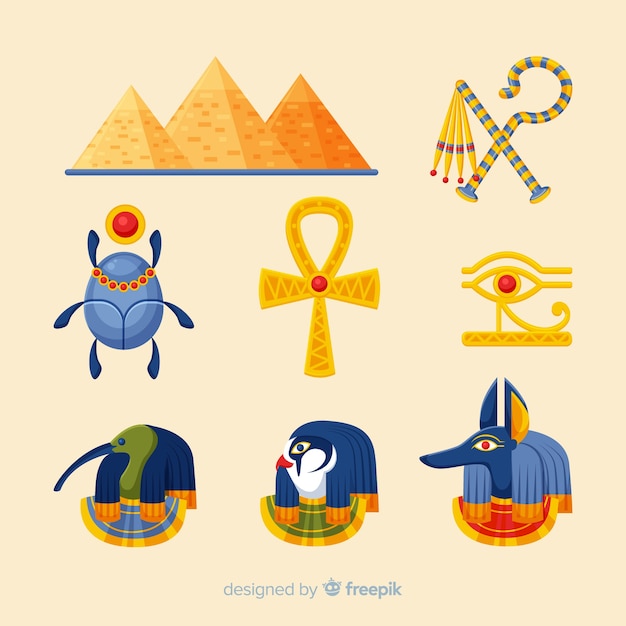 Colección de símbolos y dioses egipcios con diseño plano