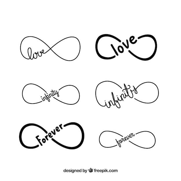 Colección de símbolos de infinito con palabra