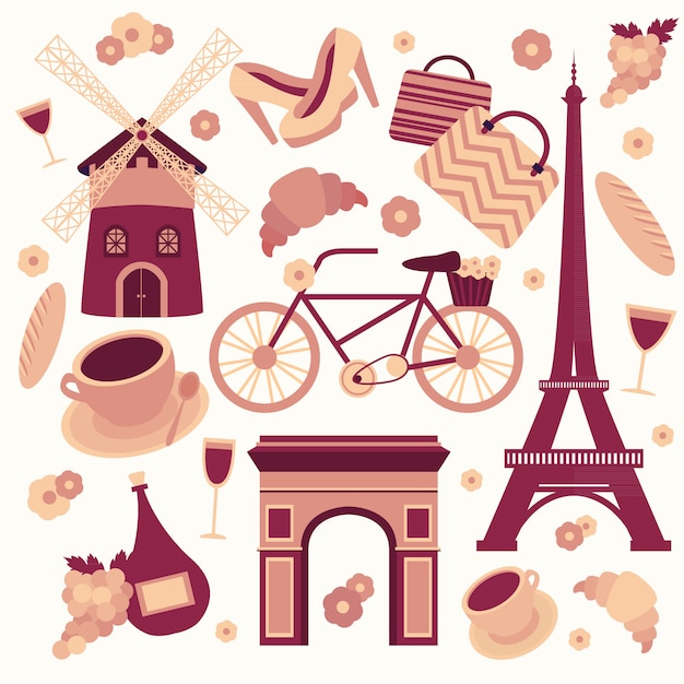 Colección de símbolos de París de la torre eiffel francés croissant café y cultura aislado