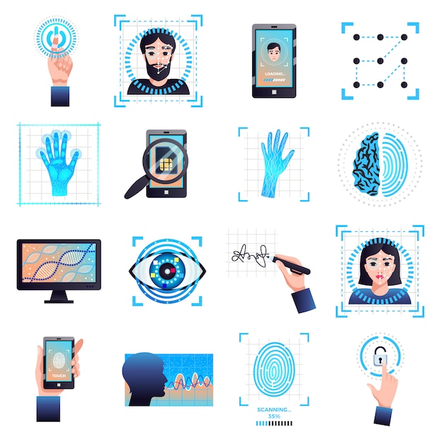 Vector gratuito colección de símbolos de tecnologías de identificación con reconocimiento facial biométrico de iris característico