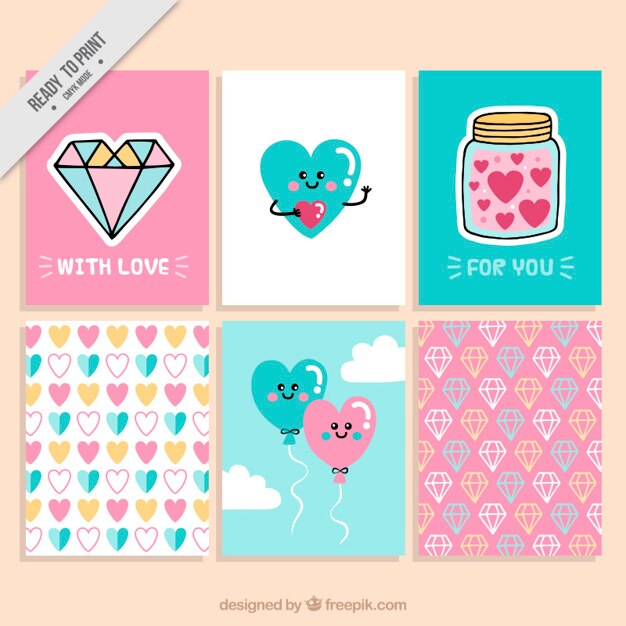 Colección de simpáticas tarjetas de san valentín con corazones y diamantes