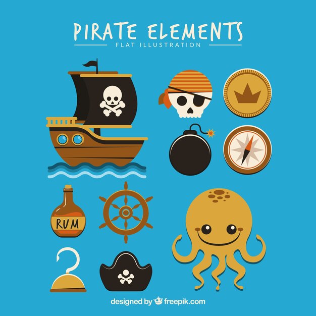 Colección de simpático pulpo y elementos piratas
