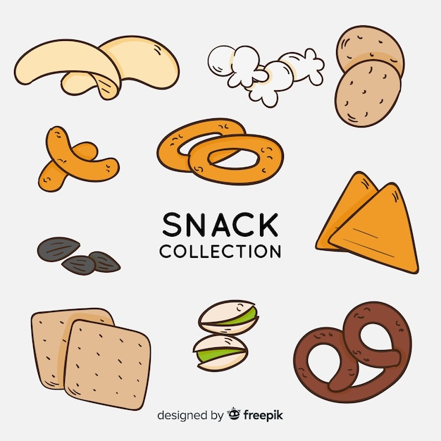 Colección de snacks deliciosos dibujados a mano