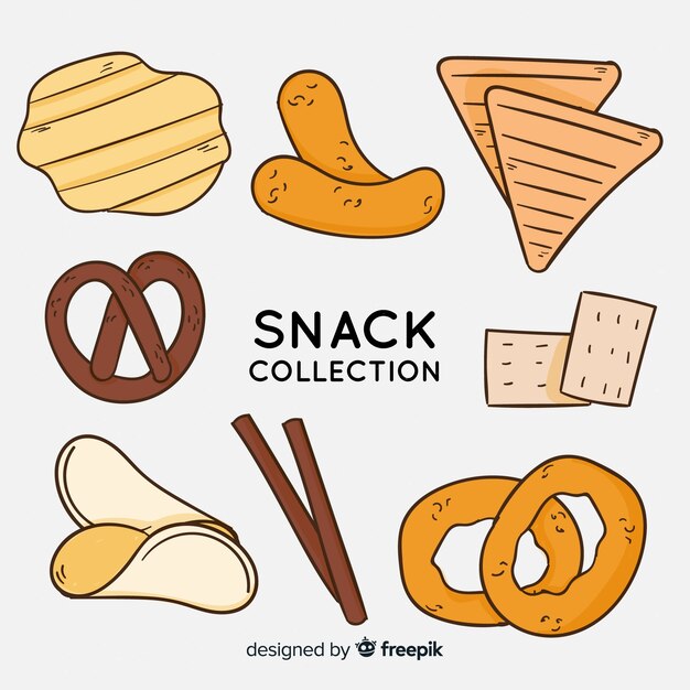 Colección de snacks deliciosos dibujados a mano