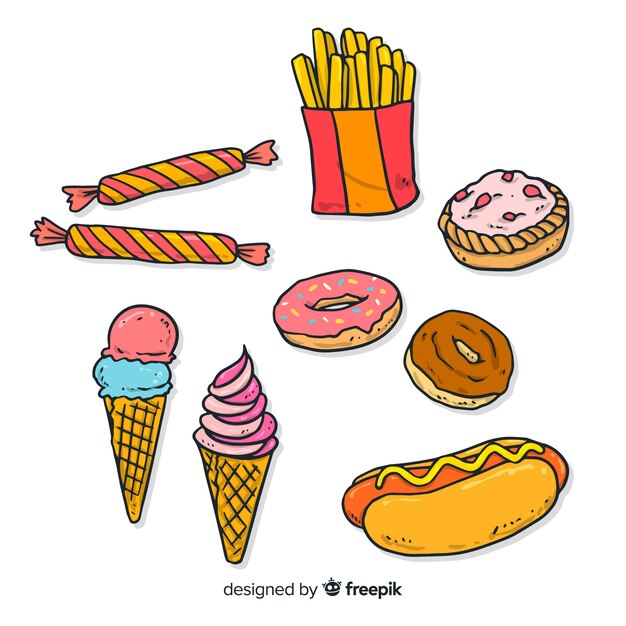 Colección de snacks deliciosos dibujados a mano