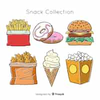 Vector gratuito colección de snacks deliciosos dibujados a mano