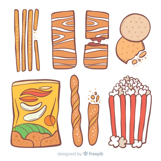 Colección de snacks deliciosos dibujados a mano