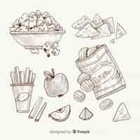Vector gratuito colección de snacks deliciosos dibujados a mano