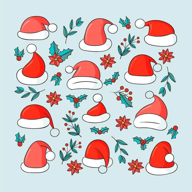 Colección de sombreros de navidad dibujados a mano
