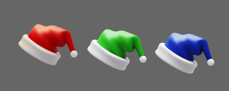 Vector gratuito colección de sombreros de santa sombreros navideños rojos, azules y verdes conjunto realista de accesorios navideños