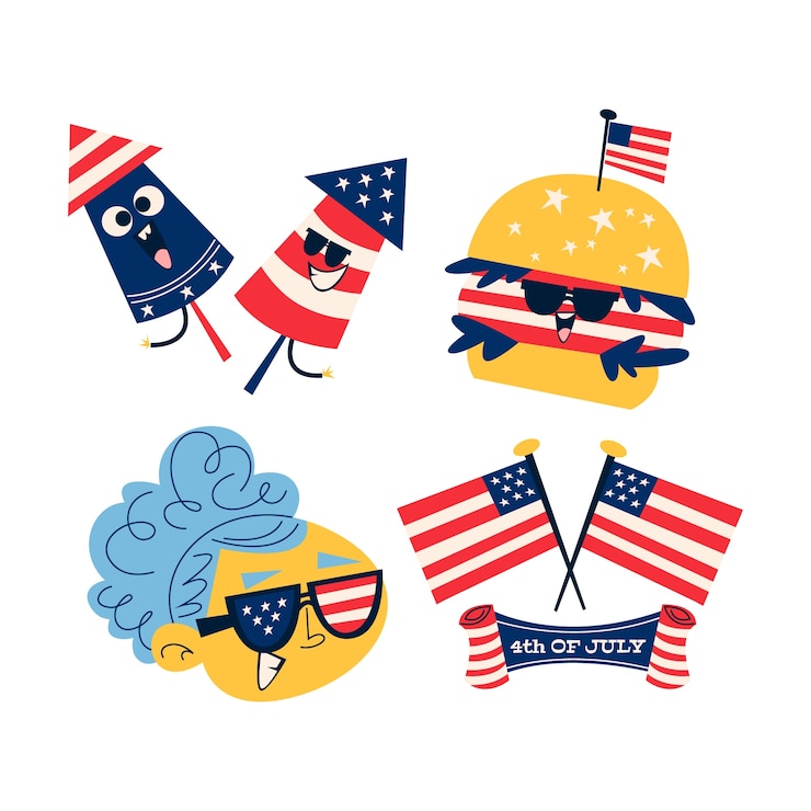 Vector gratuito colección de stickers del 4 de julio de dibujos animados retro