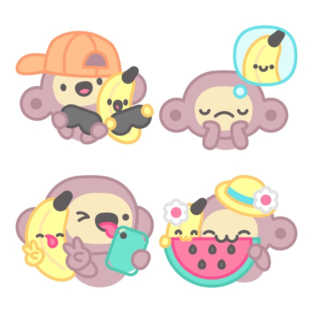 Colección de stickers de amigos con mono y plátano
