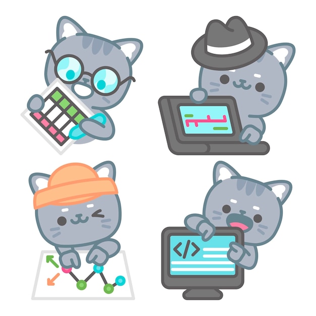 Vector gratuito colección de stickers de analistas de datos con tomomi el gato