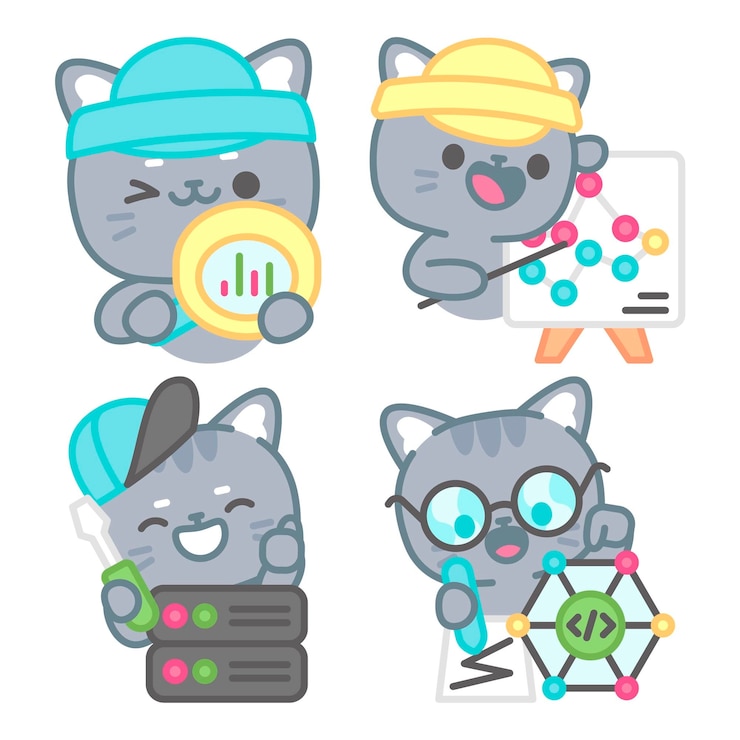 Vector gratuito colección de stickers de analistas de datos con tomomi el gato