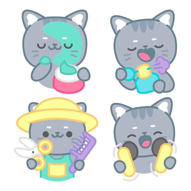 Vector gratuito colección de stickers de aseo con tomomi el gato