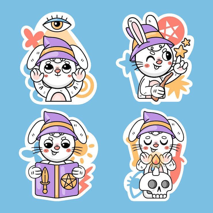 Vector gratuito colección de stickers de brujería con ronnie the bunny