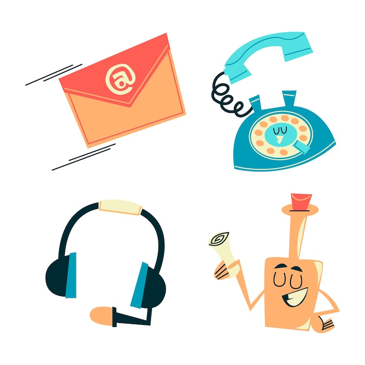 Vector gratuito colección de stickers de comunicación y contactos de dibujos animados retro