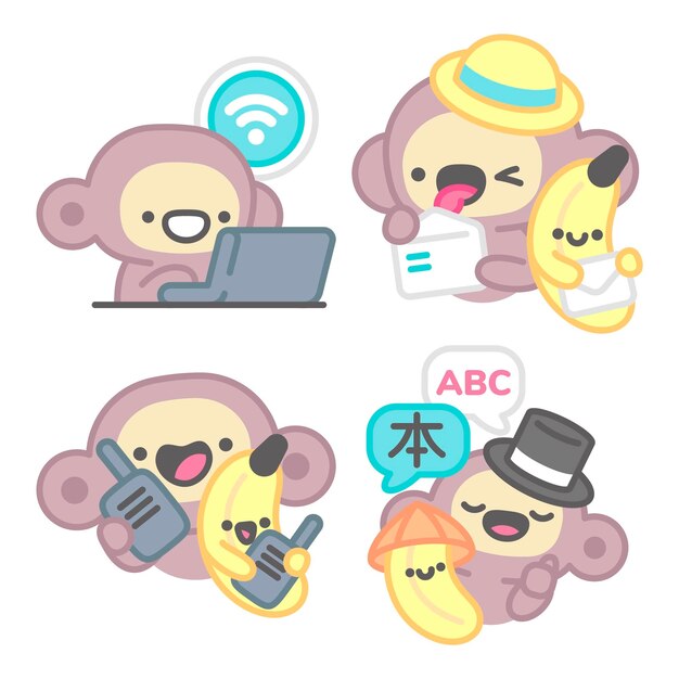 Colección de stickers de comunicación con mono y plátano.