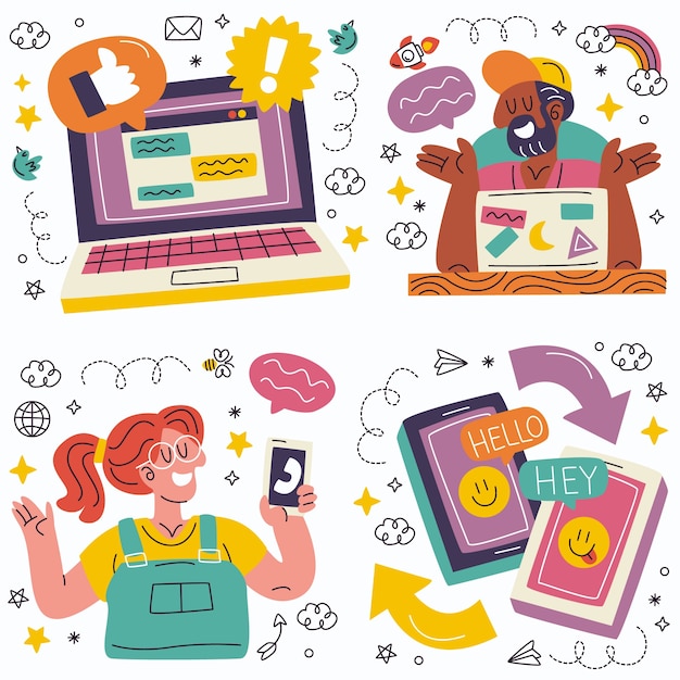 Colección de stickers de contacto y comunicación de Doodle.