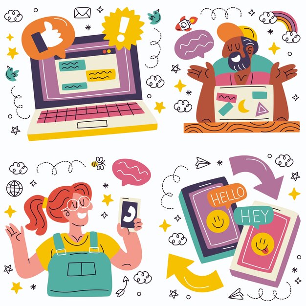 Colección de stickers de contacto y comunicación de Doodle.