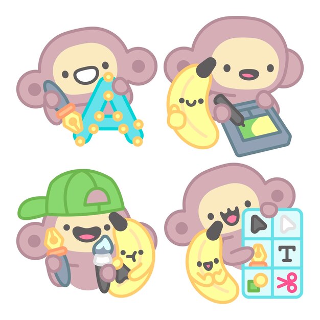 Colección de stickers de diseño gráfico con mono y plátano.