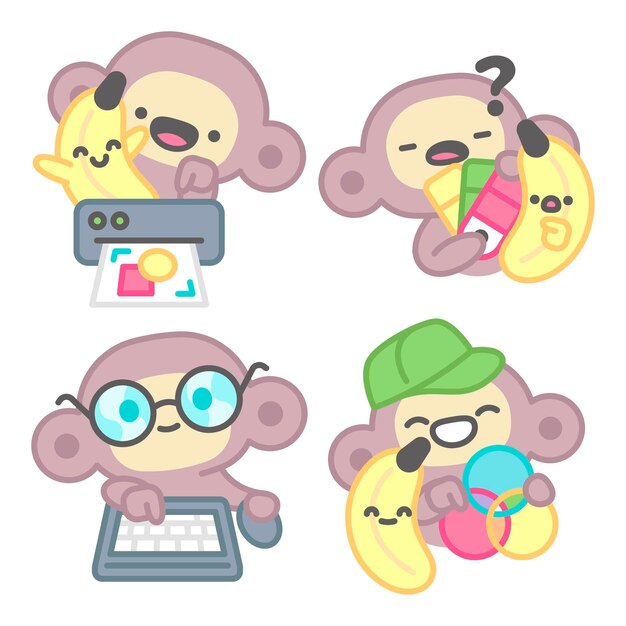 Colección de stickers de diseño gráfico con mono y plátano.