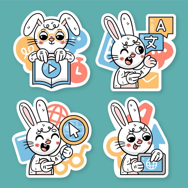 Colección de stickers de e-learning con el conejito ronnie