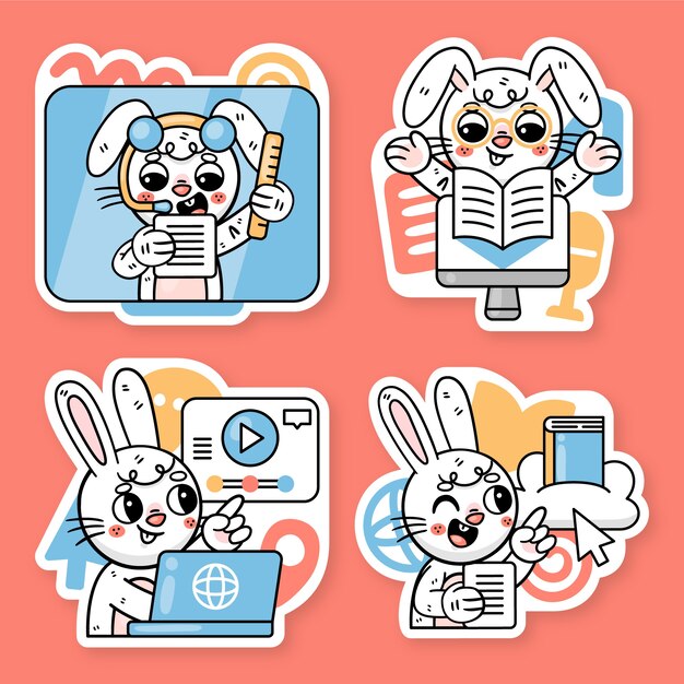 Colección de stickers de e-learning con el conejito ronnie