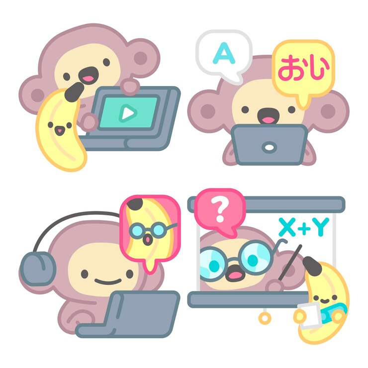 Vector gratuito colección de stickers de e-learning con mono y plátano.