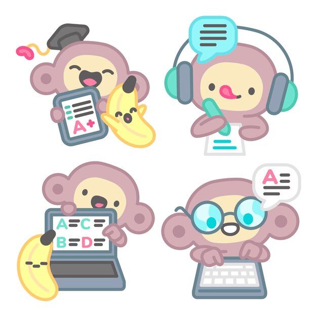 Colección de stickers de e-learning con mono y plátano.