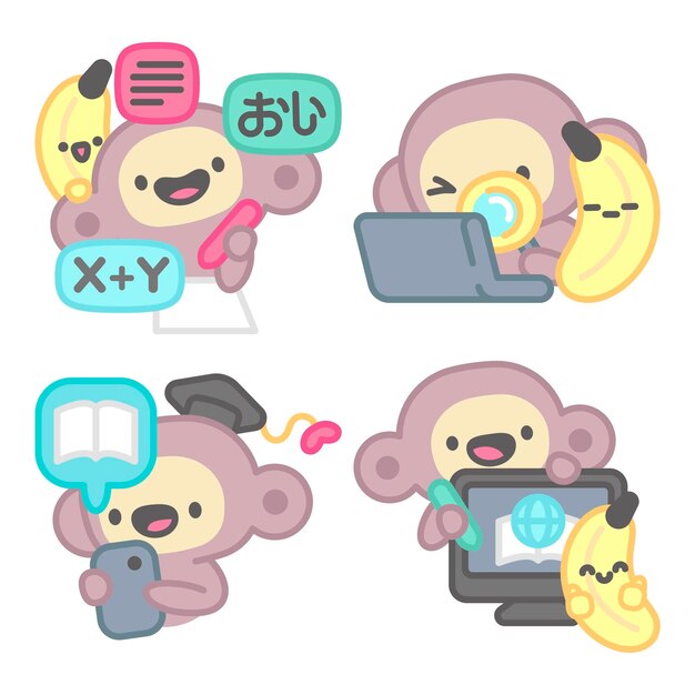 Colección de stickers de e-learning con mono y plátano.