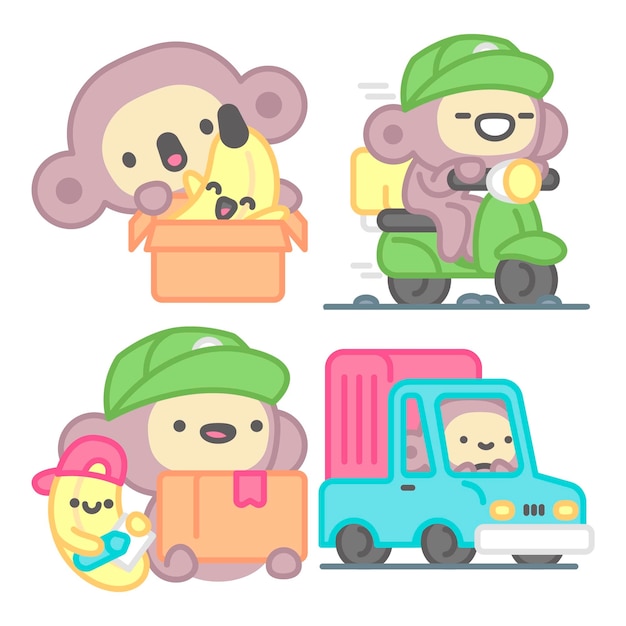 Colección de stickers de envío y entrega con mono y plátano.