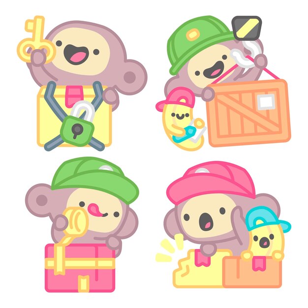 Colección de stickers de envío y entrega con mono y plátano.