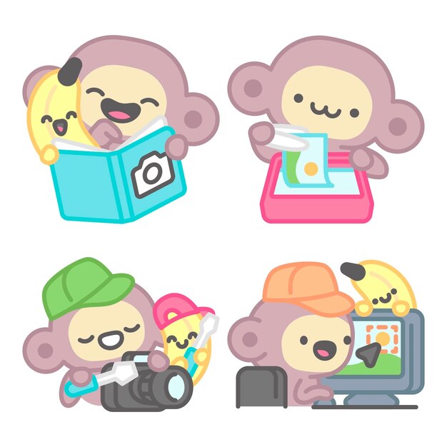 Colección de stickers de fotografía con mono y plátano.
