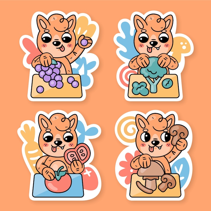 Vector gratuito colección de stickers de frutas y verduras con fred el zorro