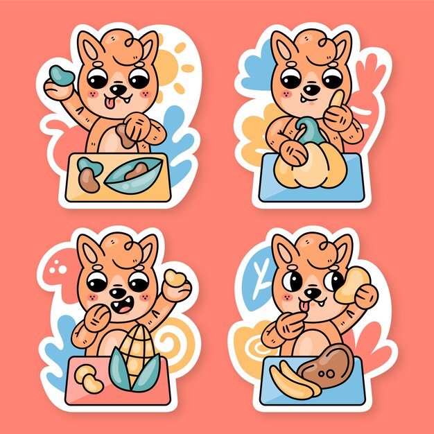 Colección de stickers de frutas y verduras con fred el zorro