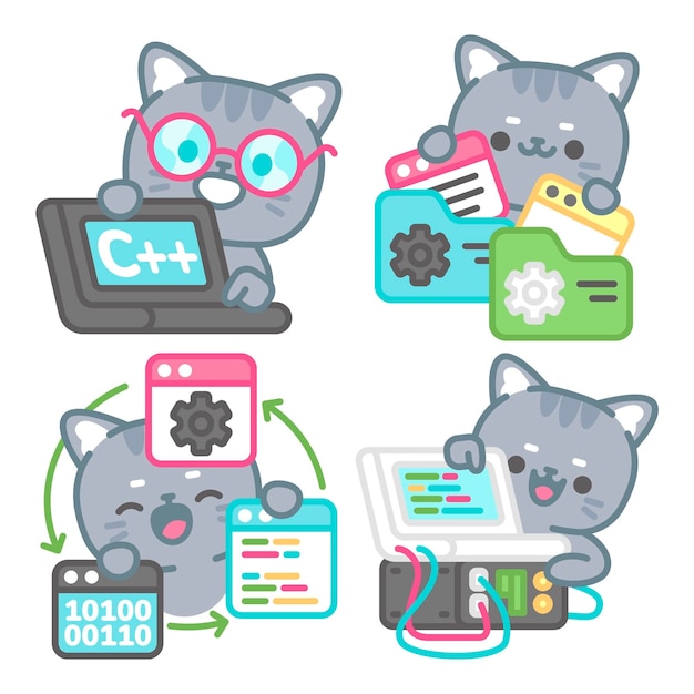 Colección de stickers de ingeniero informático con el gato tomomi