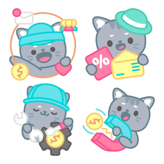 Vector gratuito colección de stickers de marketing con tomomi el gato