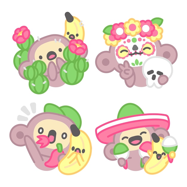 Vector gratuito colección de stickers de méxico con mono y plátano