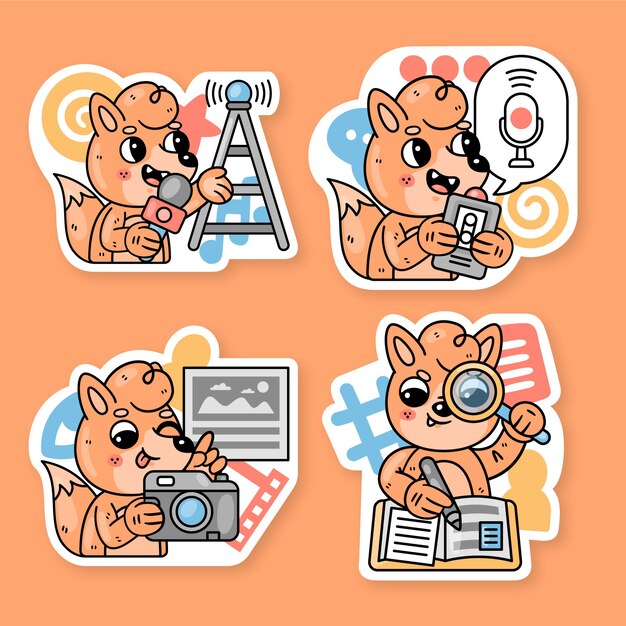 Colección de stickers de noticias y medios con fred el zorro.