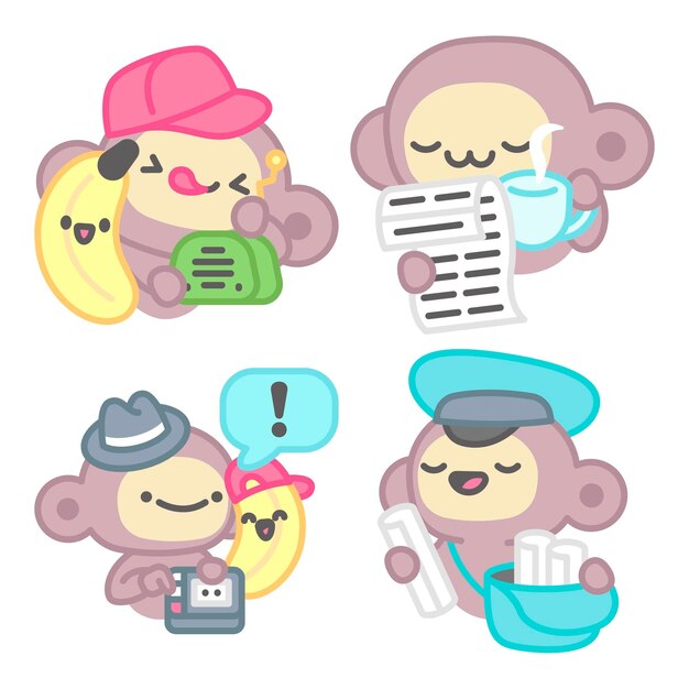 Colección de stickers de noticias con mono y plátano