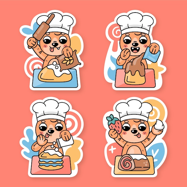 Vector gratuito colección de stickers de panadería y dulces con fred el zorro