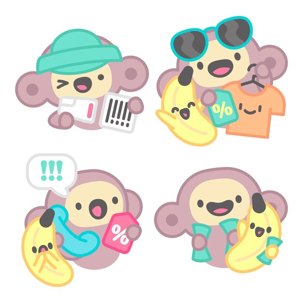 Colección de stickers de rebajas con mono y plátano