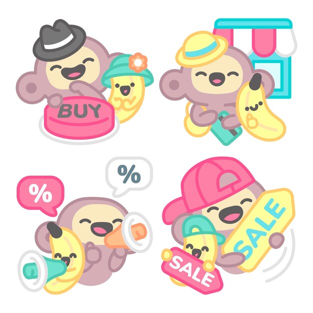 Colección de stickers de rebajas con mono y plátano