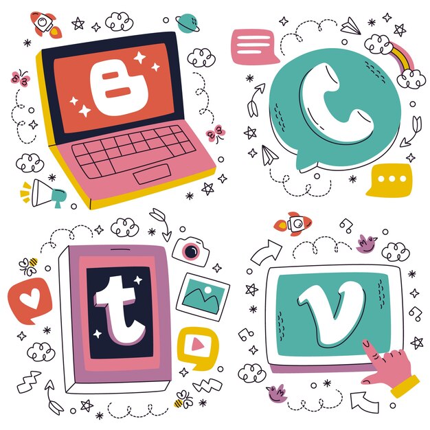 Colección de stickers de redes sociales dibujados a mano