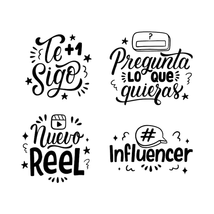 Vector gratuito colección de stickers de redes sociales de letras en español.