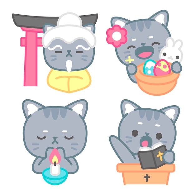 Vector gratuito colección de stickers de religión con el gato tomomi.